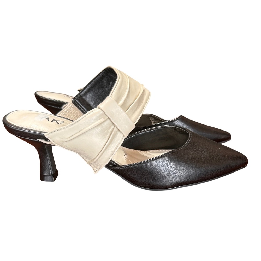 Anne Klein Mules Kitten Heel Flora PU Leather 6.5M Black Cream Chic Quiet Luxury